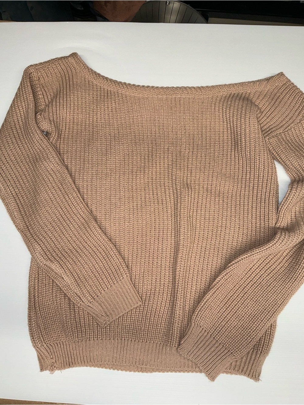 Mango Off-Shoulder Knit Sweater in Taupe